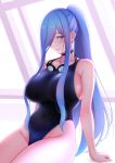  1girl black_swimsuit blue_eyes blue_hair breasts choker collarbone competition_swimsuit goggles goggles_removed highleg highleg_swimsuit indoors large_breasts lintanghaseo lips long_hair one-piece_swimsuit original ponytail sitting solo swimsuit 