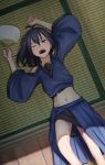  1girl antenna_hair black_hair commentary fan from_above highres hot indoors kis_sako lying medium_hair midriff navel on_back one_eye_closed open_mouth original solo sweat tatami violet_eyes 