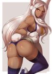  1girl absurdres animal_ears ass boku_no_hero_academia breasts bunny_tail dark_skin evomanaphy gloves highres leotard looking_at_viewer mirko rabbit_ears red_eyes tail thigh-highs thighs white_hair 