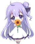  1girl ahoge azur_lane bangs black_footwear black_ribbon blush_stickers chibi commentary_request covered_mouth dress eyebrows_visible_through_hair flower frilled_dress frills hair_between_eyes hair_bun hair_ribbon holding holding_flower looking_at_viewer one_side_up orange_flower purple_hair ribbon shoes short_sleeves side_bun simple_background solo sukireto sunflower unicorn_(azur_lane) violet_eyes white_background white_dress 