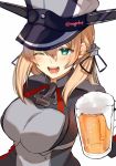  1girl alcohol anchor_hair_ornament aqua_eyes beer beer_mug blonde_hair cup hair_ornament hat highres kantai_collection long_hair looking_at_viewer low_twintails military military_hat military_uniform mug one_eye_closed peaked_cap prinz_eugen_(kantai_collection) simple_background solo tsunonigau twintails twitter_username uniform white_background 