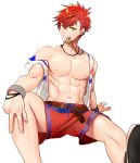  1boy abs blackkdogg ear_clip ear_piercing green_eyes helios_rising_heroes jewelry male_focus mouth_hold navel necklace one_eye_closed otori_akira piercing red_shorts redhead sandals shorts simple_background sitting white_background wristband 