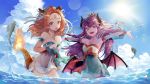  0) 2girls absurdres bangs bare_shoulders breasts clouds cloudy_sky collarbone commentary_request coppepan demon_girl demon_horns demon_wings detached_sleeves dragon_horns dragon_tail fire fish forehead_jewel highres horns large_breasts long_sleeves looking_at_viewer medium_breasts multiple_girls open_mouth orange_eyes orange_hair outstretched_arms pointy_ears purple_skin red_eyes sky sun tail upper_teeth water wings 
