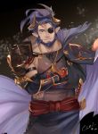  1boy armor bara beard body_hair chest cowboy_shot crossed_arms dark_blue_hair denim draph eyepatch facial_hair garouza_(granblue_fantasy) granblue_fantasy horns icelernd male_focus manly muscle pectorals solo upper_body 