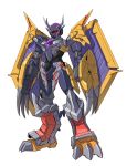  absurdres alus_core_gundam claws crossover digimon fusion gundam gundam_build_divers gundam_build_divers_re:rise highres mecha mechanical_wings no_humans one-eyed red_eyes solo standing sukekiyo56 v-fin wargreymon white_background wings 