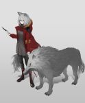  1girl animal_ears arknights black_footwear black_pants boots dress eyebrows_visible_through_hair grey_background grey_eyes grey_hair highres holding holding_knife jacket knife long_hair looking_away pants projekt_red_(arknights) red_jacket sotomie tail wolf wolf_ears wolf_tail 