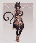  1girl alder animal_ears black_gloves black_hair black_legwear blue_eyes breasts bridal_gauntlets cat_ears cat_girl cat_tail dark_skin egyptian egyptian_clothes elbow_gloves eye_of_horus full_body gloves gold gradient_hair grey_background grey_hair hairband high_heels highres medium_breasts monster_girl multicolored_hair navel original pelvic_curtain short_hair solo standing tail tail_ring thigh-highs usekh_collar 