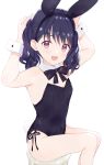  1girl animal_ears armpits arms_up bangs bare_legs bare_shoulders black_hair black_leotard black_neckwear blush bow bowtie bunny_day bunny_girl bunny_tail commentary_request detached_collar eyebrows_visible_through_hair fake_animal_ears fangs fukumaru_koito highres idolmaster idolmaster_shiny_colors leotard looking_at_viewer monon_tulle open_mouth rabbit_ears sitting skin_fangs solo strapless strapless_leotard sweatdrop tail twintails violet_eyes wrist_cuffs 