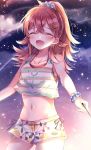  1girl absurdres anchor_symbol bare_arms bare_shoulders closed_eyes collarbone commentary_request embers hair_between_eyes hair_ornament hair_scrunchie hairclip high_ponytail highres idolmaster idolmaster_shiny_colors komiya_kaho long_hair midriff navel night night_sky open_mouth print_shorts redhead scrunchie shirt short_shorts shorts sky sleeveless solo sorashima_(117) striped striped_shirt striped_tank_top tank_top wrist_scrunchie 