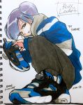  1girl absurdres character_name gundam gundam_zz highres jacket k1y054 looking_at_viewer marker_(medium) nike photo reebok reebok_pump roux_louka shoes side_ponytail sneakers solo track_jacket traditional_media violet_eyes 