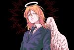  1boy angel angel_devil_(chainsaw_man) angel_wings black_background black_jacket black_neckwear business_suit chainsaw_man collared_shirt feathered_wings feathers formal hair_between_eyes halo highres jacket long_hair looking_at_viewer necktie neckwear shirt simple_background solo suit tsuyuriyuihushimi white_shirt wings 