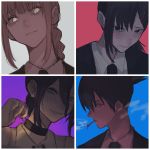  1boy 3girls akai_ringo_(eveyuno) bangs black_choker black_hair black_jacket black_neckwear blue_background blush braid braided_ponytail brown_hair business_suit chainsaw_man choker cigarette eyebrows eyebrows_visible_through_hair formal hair_between_eyes hayakawa_aki_(chainsaw_man) higashiyama_kobeni highres jacket light_smile makima_(chainsaw_man) medium_hair mole multiple_girls necktie neckwear purple_background red_background reze_(chainsaw_man) ringed_eyes short_hair simple_background smile suit upper_body white_background 