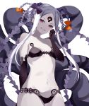  1girl abigail_williams_(fate/grand_order) abigail_williams_(swimsuit_foreigner)_(fate) artist_request bangs bare_shoulders bikini black_bikini black_bow bow breasts collarbone double_bun fate/grand_order fate_(series) forehead grin hat highres keyhole long_hair looking_at_viewer micro_bikini multiple_bows navel orange_bow parted_bangs sharp_teeth sidelocks simple_background small_breasts smile swimsuit teeth tentacles thighs third_eye very_long_hair violet_eyes white_background white_hair white_skin 