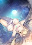  1girl bangs bare_shoulders bath bathing blonde_hair blush breasts chest_jewel collarbone earrings full_moon mythra_(xenoblade) hinot jewelry large_breasts long_hair looking_at_viewer looking_up moon naked_towel night night_sky onsen parted_lips reflection rock sidelocks sky swept_bangs thighs towel water wet xenoblade_(series) xenoblade_2 yellow_eyes 