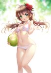  1girl absurdres ahoge ball bikini breasts brown_hair commentary_request feet_out_of_frame flower front-tie_top green_eyes hair_flower hair_ornament hibiscus highres long_hair looking_at_viewer low_twintails navel original peter_(will100sss) small_breasts smile solo standing swimsuit twintails white_bikini 