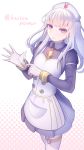  1girl absurdres adjusting_clothes adjusting_gloves alternate_costume closed_mouth fire_emblem fire_emblem:_three_houses gloves hat highres kedamarimo latex latex_gloves long_hair long_sleeves lysithea_von_ordelia nurse_cap pink_eyes simple_background solo twitter_username white_hair 