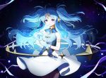  1girl aqua_hair blue_eyes character_request copyright_name cowboy_shot forehead_jewel gem gloves highres long_hair lord_of_heroes seoki_(hi3031) sidelocks solo starry_background two_side_up white_gloves 