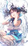  1girl artist_request bare_arms black_hair blouse blue_ribbon blue_skirt commentary_request fang fukumaru_koito hair_ribbon highres idolmaster idolmaster_shiny_colors long_hair ribbon skin_fang skirt sleeveless solo splashing twintails violet_eyes water white_background white_blouse wind 