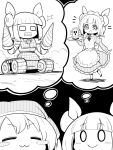  2girls absurdres alternate_costume apron black_background blush blush_stickers breasts closed_eyes commentary_request double_bun dress drill enmaided frilled_dress frills futa_(nabezoko) greyscale hair_ribbon haniwa_(statue) haniyasushin_keiki head_scarf highres holding holding_tray joutouguu_mayumi juliet_sleeves long_sleeves looking_at_viewer maid maid_headdress mecha medium_breasts monochrome multiple_girls open_mouth puffy_sleeves ribbon simple_background smile sparkle thought_bubble touhou tray 