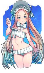  1girl abigail_williams_(fate/grand_order) abigail_williams_(swimsuit_foreigner)_(fate) absurdres bangs bikini blonde_hair blue_eyes blue_sky blush bonnet bow breasts closed_mouth fate/grand_order fate_(series) forehead highres long_hair looking_at_viewer microskirt mioshi_(vixis340) navel ocean parted_bangs sidelocks skirt sky small_breasts smile swimsuit thighs twintails very_long_hair wading white_bikini white_bow white_headwear 