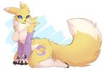  1girl 2020 :&lt; animal_ears animal_nose artist_name bare_shoulders black_sclera blue_eyes breasts claws detached_sleeves digimon digitigrade english_commentary furry large_breasts no_nipples pawpads purple_sleeves renamon solo teranen two-tone_fur white_background white_fur yellow_fur yin_yang 