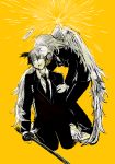  2boys ae2w3 angel angel_devil_(chainsaw_man) angel_wings black_jacket black_neckwear black_pants blood blood_from_mouth bloody_clothes business_suit chainsaw_man closed_eyes collared_shirt feathered_wings feathers forehead_kiss formal full_body halo hayakawa_aki_(chainsaw_man) highres holding holding_sword holding_weapon jacket kiss long_hair multiple_boys necktie neckwear pants shirt short_hair simple_background suit sword weapon white_shirt wings yaoi yellow_background 