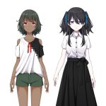  2girls aoi_thomas bangs bare_shoulders black_hair black_skirt blue_eyes blue_ribbon collarbone collared_shirt commentary_request copyright_request dark_skin dress_shirt eyebrows_behind_hair green_shorts hair_between_eyes hair_ribbon multiple_girls pleated_skirt red_eyes red_ribbon ribbon shirt short_hair short_shorts short_sleeves shorts shoulder_cutout simple_background skirt two_side_up virtual_youtuber white_background white_shirt 
