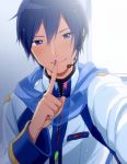  1boy bangs blue_eyes blue_hair blue_nails closed_mouth coat finger_to_mouth hair_between_eyes index_finger_raised kaito long_sleeves looking_at_viewer male_focus nail_polish nokuhashi shiny shiny_hair shushing smile solo vocaloid white_coat 