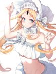  1girl abigail_williams_(fate/grand_order) abigail_williams_(swimsuit_foreigner)_(fate) bangs bare_shoulders bikini blonde_hair blue_eyes blush bonnet bow braid breasts fate/grand_order fate_(series) forehead hair_bow hair_rings highres keyhole long_hair looking_at_viewer mikan_(chipstar182) miniskirt navel open_mouth parted_bangs sidelocks simple_background skirt small_breasts swimsuit twin_braids twintails very_long_hair white_background white_bikini white_bow white_headwear 