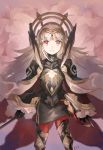  1girl armor black_gloves cape closed_mouth fire_emblem fire_emblem_heroes gloves grey_hair hair_ornament highres holding hukashin long_hair long_sleeves red_eyes red_legwear solo veronica_(fire_emblem) 
