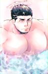  1boy bara black_hair blush chest facial_hair halo male_focus manly muscle nipples pectorals po_fu shirtless short_hair simple_background solo stubble tokyo_houkago_summoners upper_body water yellow_eyes zabaniya_(tokyo_houkago_summoners) 