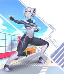  1girl alien blue_eyes building character_age character_name clenched_hand english_commentary fighting_stance giantess highres meen open_hand original solo ultra_series 