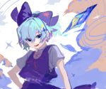  1girl bangs blue_bow blue_dress blue_hair blue_wings blush bow cirno commentary_request dress hair_between_eyes highres ice ice_wings kusariuta looking_at_viewer neck_ribbon red_ribbon ribbon shirt short_hair short_sleeves solo touhou upper_body white_shirt wings 