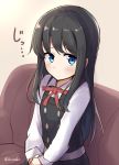  1girl asashio_(kantai_collection) beige_background black_hair blue_eyes commentary_request couch dress highres kantai_collection long_hair long_sleeves looking_at_viewer pinafore_dress remodel_(kantai_collection) shirt simple_background sitting solo soramuko upper_body white_shirt 