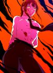  1girl bangs black_neckwear black_pants blood blood_on_face blood_splatter bloody_clothes braid braided_ponytail breasts chainsaw_man collared_shirt eyebrows k_k_k long_sleeves looking_at_viewer makima_(chainsaw_man) medium_breasts medium_hair necktie neckwear open_mouth orange_background pants ringed_eyes shirt shirt_tucked_in simple_background smile solo white_shirt yellow_eyes 