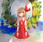  1girl blonde_hair commentary commentary_request flandre_scarlet hair_between_eyes hair_ribbon highres kusariuta long_hair looking_at_viewer red_eyes red_ribbon red_shirt red_skirt red_vest ribbon shirt side_ponytail skirt skirt_set solo standing torn_ribbon touhou vest white_sleeves 