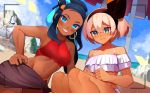  2girls bangs beach black_hair black_hairband blush bow_hairband breasts clouds commentary_request dark_skin day earrings eyelashes gen_8_pokemon hair_between_eyes hairband highres hoop_earrings jewelry katwo looking_at_viewer multicolored_hair multiple_girls navel outdoors pokemon pokemon:_twilight_wings pokemon_(anime) pokemon_(creature) rurina_(pokemon) saitou_(pokemon) short_hair sirfetch&#039;d sky sweatdrop swimsuit teeth two-tone_hair wavy_mouth 