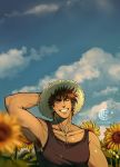  1boy armpit_hair bara brown_hair catneylang chest clouds cloudy_sky flower hat highres jojo_no_kimyou_na_bouken joseph_joestar_(young) male_focus muscle shirtless short_hair sky smile solo straw_hat sunflower teeth younger 
