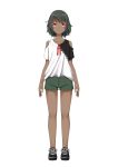  1girl aoi_thomas bangs bare_shoulders black_footwear black_hair closed_mouth copyright_request dark_skin full_body green_shorts highres looking_at_viewer red_eyes red_ribbon ribbon shirt shoes short_hair short_shorts short_sleeves shorts shoulder_cutout simple_background smile solo standing virtual_youtuber white_background white_shirt 