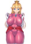  1girl blonde_hair blue_eyes bodysuit breasts covered_navel cowboy_shot crown impossible_bodysuit impossible_clothes large_breasts long_hair super_mario_bros. nagase_haruhito navel princess_peach shiny shiny_clothes simple_background skin_tight solo standing white_background 