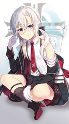  1girl absurdres azur_lane bangs bare_shoulders black_footwear black_jacket black_legwear black_ribbon black_shorts blush breasts closed_mouth collarbone collared_shirt commentary_request crossed_bangs eyebrows_visible_through_hair full_body gloves hair_between_eyes hair_ribbon highres indian_style iron_blood_(emblem) jacket leg_garter long_hair long_sleeves looking_at_viewer mkichi necktie off-shoulder_jacket open_clothes open_jacket red_neckwear ribbon rigging rudder_footwear shadow shirt shorts sidelocks silver_hair simple_background sitting sleeveless sleeveless_shirt small_breasts smile socks solo striped striped_legwear suspender_shorts suspenders vertical-striped_legwear vertical_stripes violet_eyes white_background white_gloves white_shirt z1_leberecht_maass_(azur_lane) z1_leberecht_maass_(rebellious_vierzehn)_(azur_lane) 