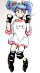  1girl alternate_costume blue_hair bow char&#039;s_counterattack clenched_hands elbow_pads grey_eyes gundam hair_bow highres inline_skates jumping k1y054 knee_pads marker_(medium) quess_paraya roller_skates skates solo traditional_media twintails 