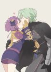  1boy 1girl armor bernadetta_von_varley bike_shorts black_gloves byleth_(fire_emblem) byleth_eisner_(male) closed_eyes dress fire_emblem fire_emblem:_three_houses from_side gloves green_hair hair_ornament kiss long_sleeves purple_hair short_dress short_hair simple_background tefutene twitter_username yellow_gloves 