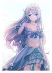  1girl bangs bare_shoulders blue_eyes blue_skirt breasts doris_(hololive) hair_ornament head_fins highres hololive long_hair looking_at_viewer navel pearl_(gemstone) seashell shell silver_hair simple_background siyumu skirt small_breasts smile solo standing thigh_strap tiara very_long_hair virtual_youtuber 