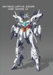  absurdres aqua_eyes character_name chinese_commentary clenched_hands clotho_(1326803453) english_commentary grey_background gundam gundam_build_divers gundam_build_divers_re:rise gunpla highres jupitive_gundam looking_down mecha mixed-language_commentary no_humans redesign solo standing v-fin 
