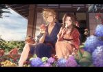 1boy 1girl aerith_gainsborough alternate_costume bangle bangs blonde_hair blue_eyes blue_kimono blue_sky blurry blush bracelet brown_hair closed_mouth cloud_strife clouds cloudy_sky commentary day depth_of_field drill_hair eating final_fantasy final_fantasy_vii floral_print flower food fruit green_eyes hair_ribbon holding holding_food japanese_clothes jewelry kieta kimono letterboxed long_hair looking_at_viewer necklace obi open_door open_mouth outdoors parted_bangs patio plate popsicle red_kimono ribbon sash short_hair side-by-side side_drill sitting sky sliding_doors smile spiky_hair twin_drills watermelon 