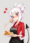  1girl :t apron bangs black_apron blunt_bangs blush breasts closed_mouth collarbone commentary_request demon_girl demon_horns demon_tail eating eyebrows_visible_through_hair food fork grey_background hand_up heart helltaker highres holding holding_fork holding_plate horns looking_at_viewer lucifer_(helltaker) medium_breasts medium_hair mole mole_under_eye nose_blush overlord_(overlord80000) pancake plate ponytail red_eyes red_shirt shirt signature simple_background small_hands solo tail upper_body white_hair white_horns 