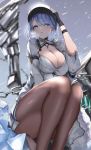  1girl azur_lane black_gloves blue_eyes blue_hair blush breasts chain chapayev_(azur_lane) commentary_request ekaki_no_mime eyebrows_visible_through_hair gloves hair_ornament hairclip hat highres jacket large_breasts looking_at_viewer military_hat mole mole_on_breast peaked_cap shiny shiny_clothes short_hair snowing solo white_headwear white_jacket 