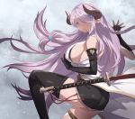  1girl akira_(coffee_curry) ass asymmetrical_gloves bangs black_dress black_gloves black_legwear blue_eyes blush braid breasts draph dress elbow_gloves gloves granblue_fantasy hair_ornament hair_over_one_eye highres horns katana large_breasts lavender_hair long_hair looking_at_viewer low_tied_hair narmaya_(granblue_fantasy) pointy_ears short_dress sidelocks single_braid single_thighhigh sleeveless sword thigh-highs thighs vest weapon white_vest 