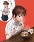  1girl absurdres ahoge belly_grab blue_skirt bowl bra breasts brown_hair chopsticks commentary_request dress_shirt eating elbows_on_table food grey_bra highres holding holding_chopsticks holding_spoon medium_breasts multiple_views no_shirt noodles original pityfumi pleated_skirt red_background red_eyes shirt short_hair sitting skirt soup spoon sweat tomboy underwear uniform weight_conscious white_shirt 